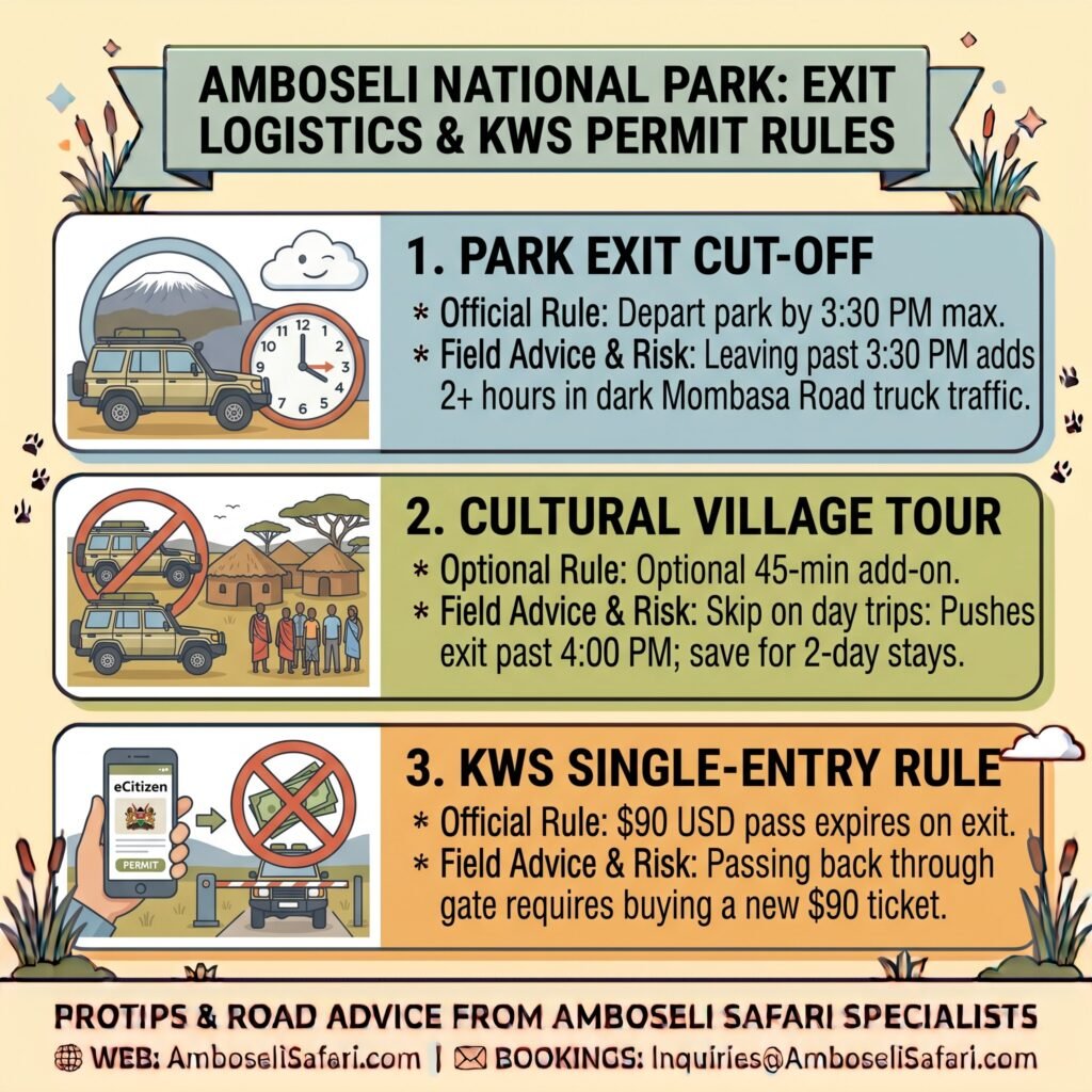 Infographic detailing Amboseli exit times, cultural tour warnings, and single-entry KWS permit regulations for day trips.