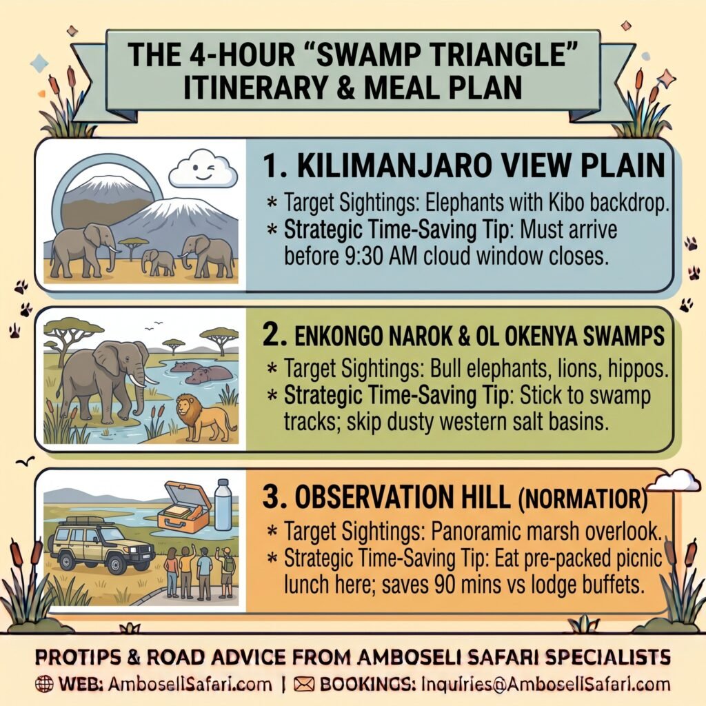 Infographic covering Amboseli's Swamp Triangle route, 9:30 AM Kilimanjaro viewing window, and picnic lunches at Observation Hill.