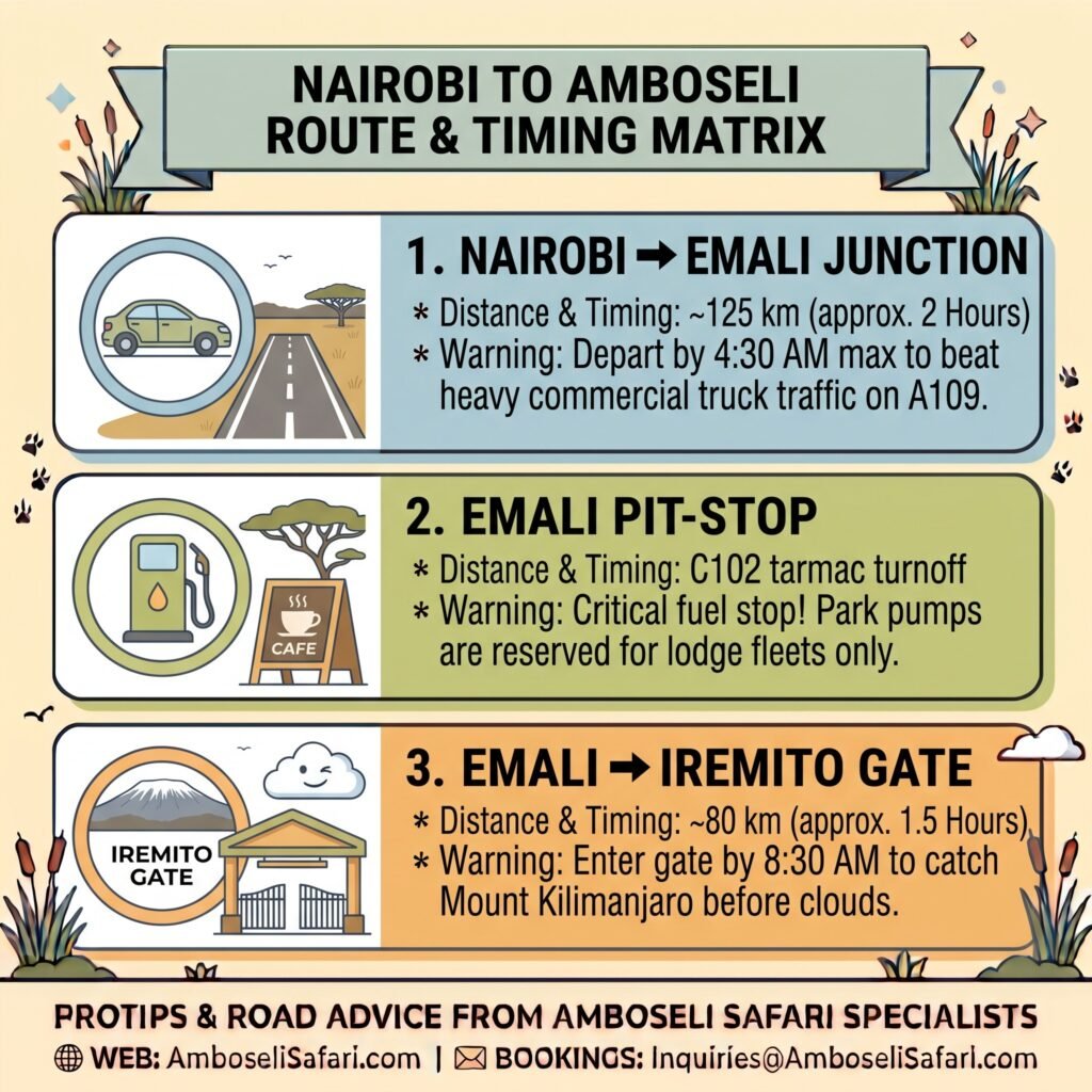 Infographic outlining driving route stages from Nairobi to Amboseli, fuel stops in Emali, and 8:30 AM gate entry timing.