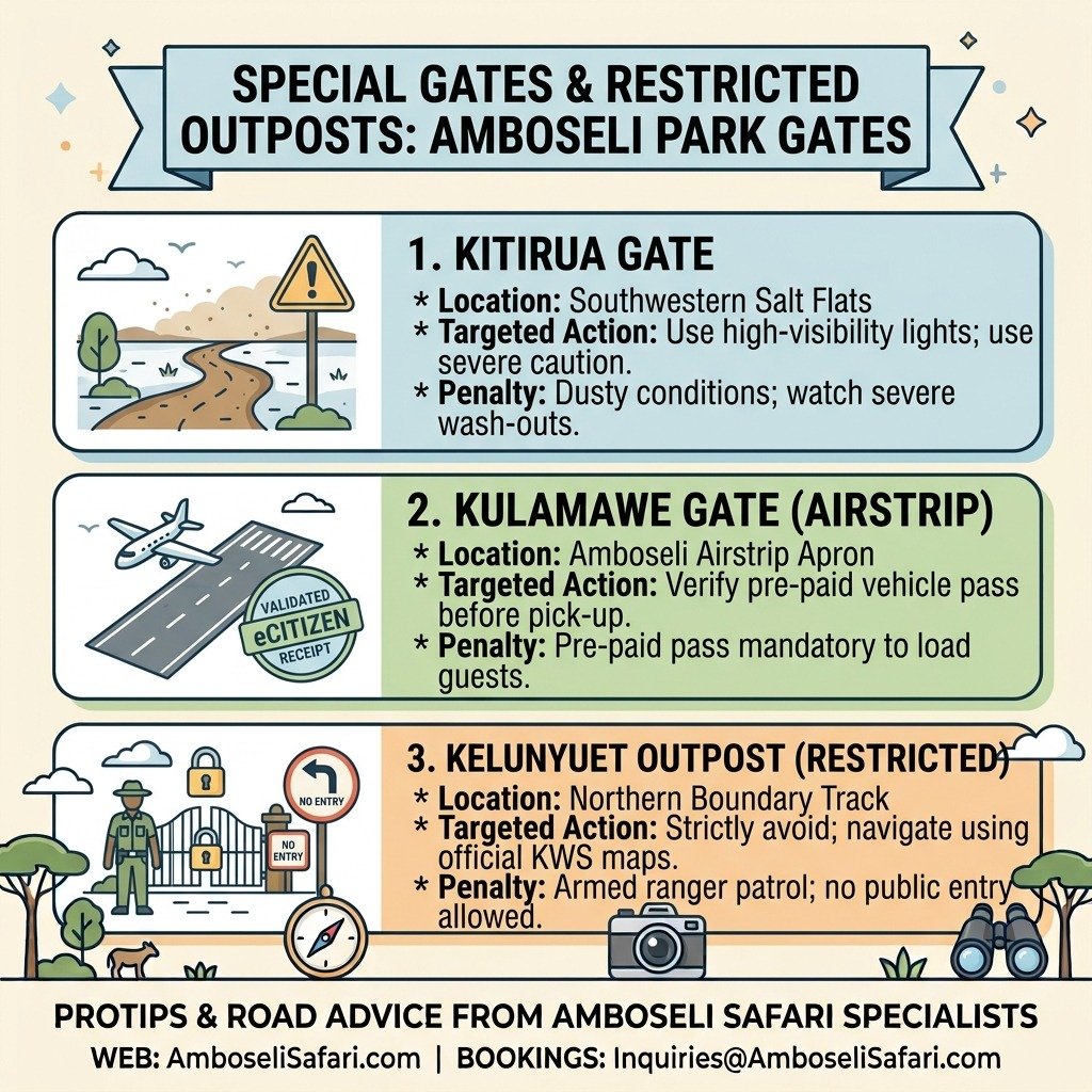 Infographic guide for Kitirua, Kulamawe airstrip, and restricted Kelunyuet gates in Amboseli National Park.
