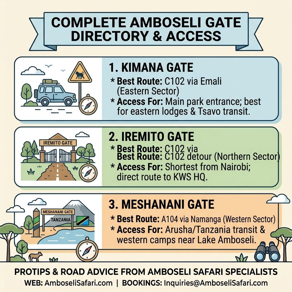 Infographic directory for Amboseli National Park showing best routes and access details for Kimana, Iremito, and Meshanani gates.