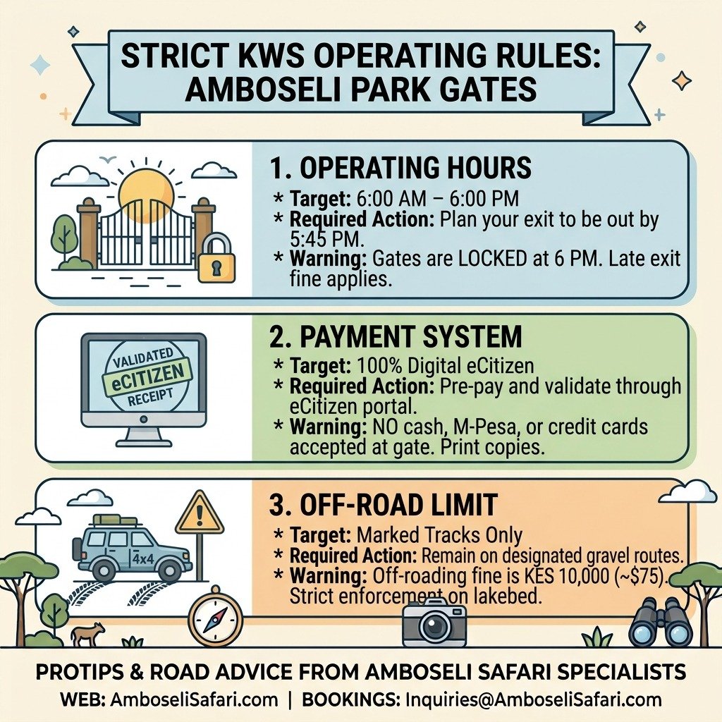 Infographic outlining strict Kenya Wildlife Service operating rules for Amboseli gates, including hours, eCitizen payments, and off-road fines.