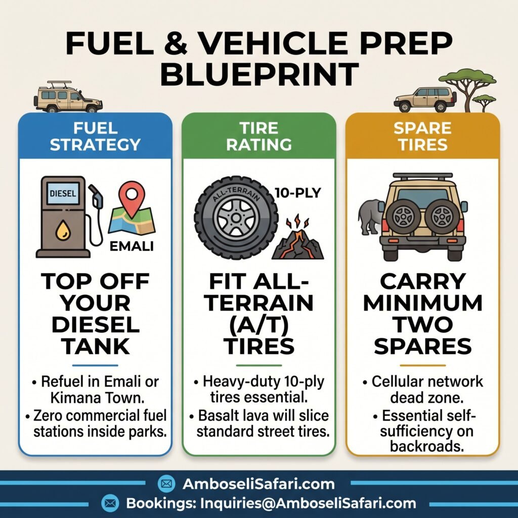 Square infographic detailing fuel strategy, 10-ply all-terrain tire requirements, and carrying two spare tires for safari.