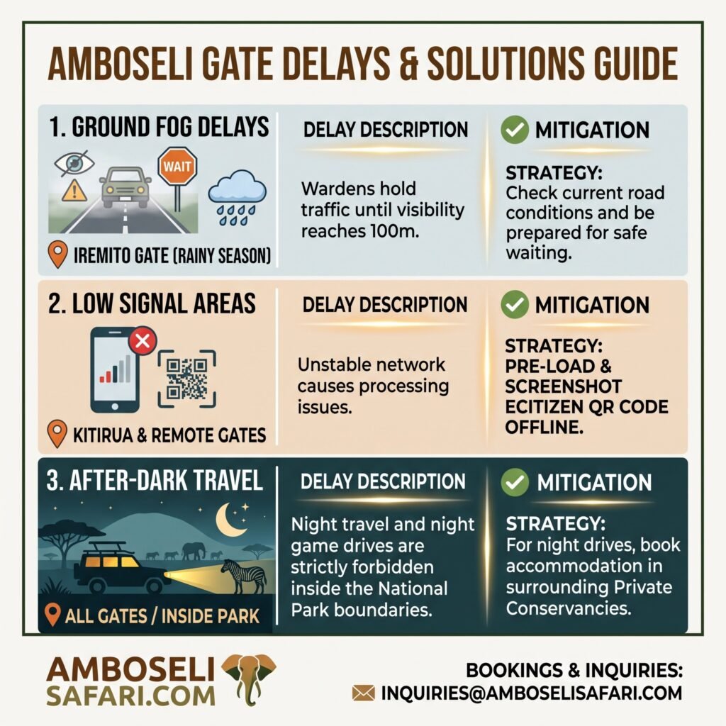 Infographic guiding Amboseli visitors on handling ground fog, low cell signal, and after-dark travel restrictions.