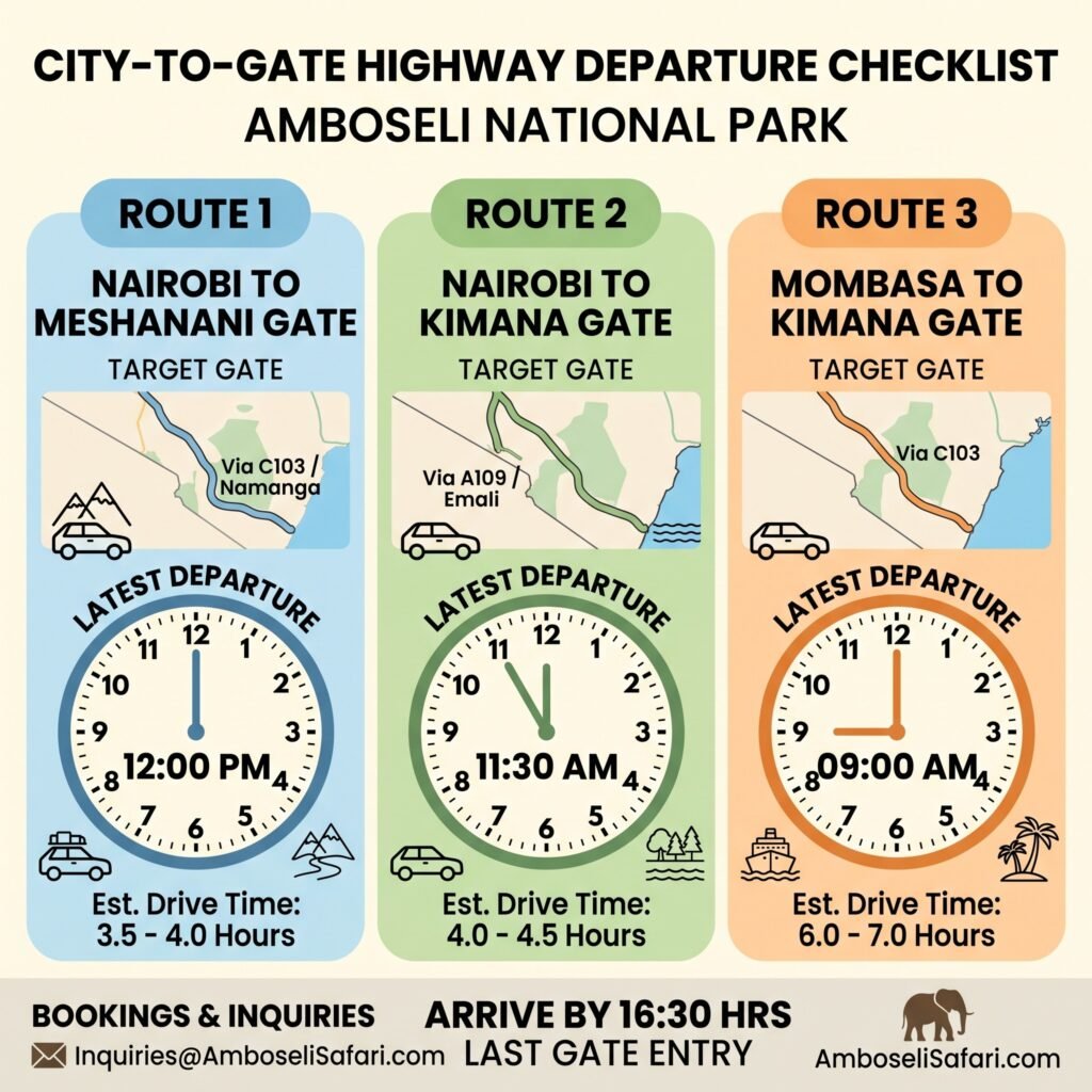 Infographic showing essential highway departure times from Nairobi and Mombasa to reach Amboseli National Park gates before closing.