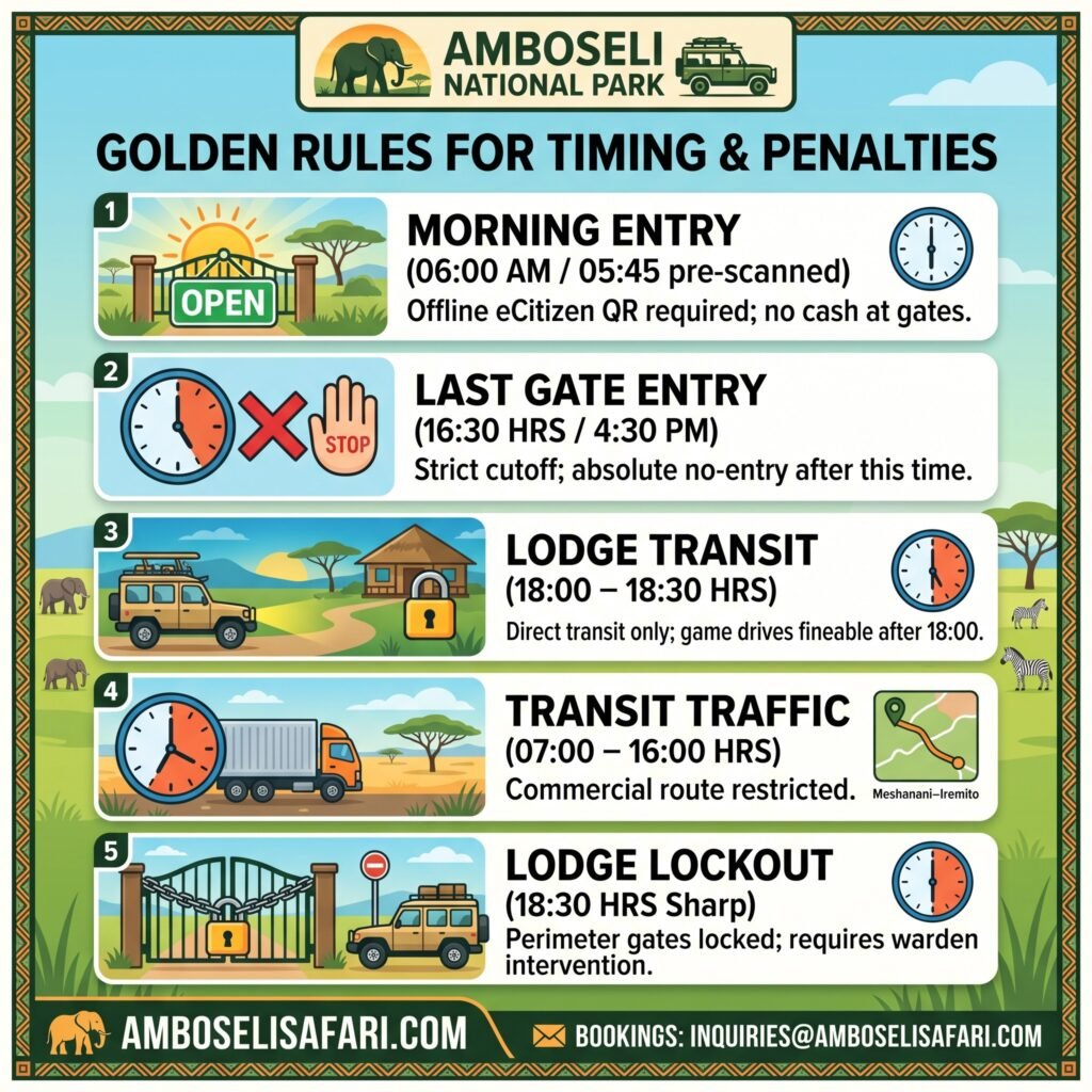 Infographic outlining critical entry, transit, and lockout times for Amboseli National Park to avoid penalties.