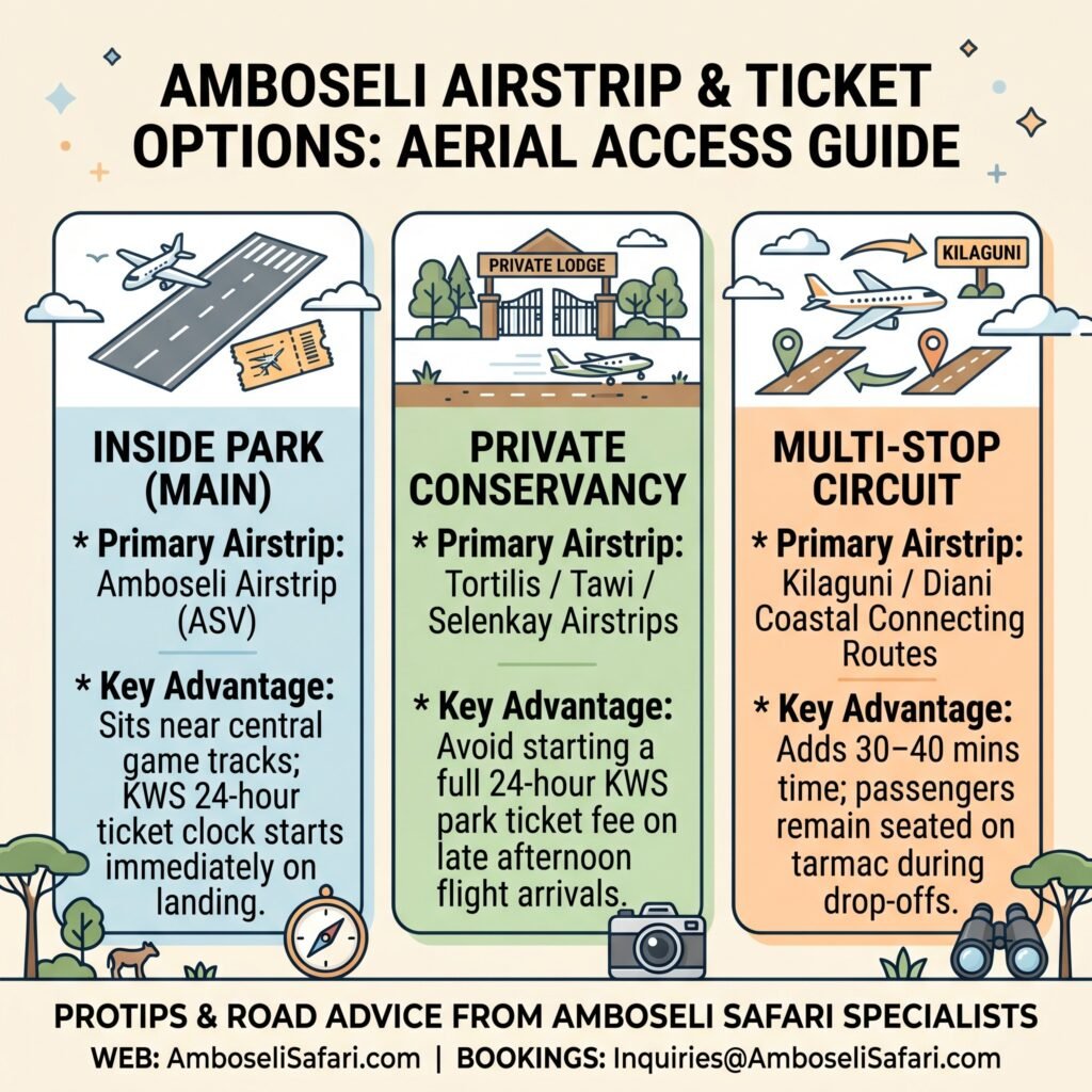 Infographic guide showing soft bag rules, excess luggage solutions, mountain view seats, and flight times for Amboseli.