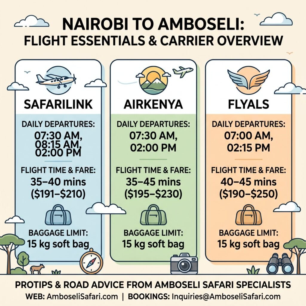 Infographic comparing Safarilink, AirKenya, and FlyALS flight schedules, fares, and baggage limits to Amboseli.