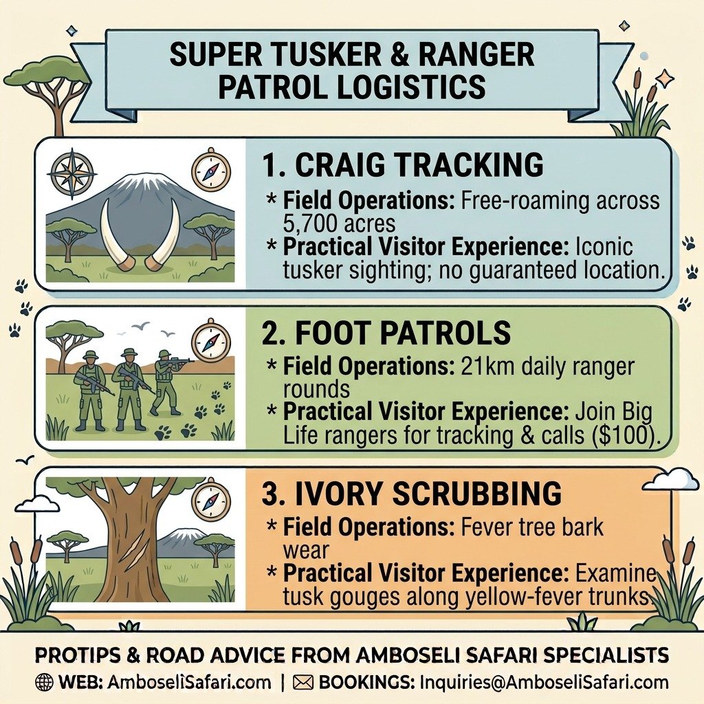 Infographic detailing logistical specifics for tracking Craig the Super Tusker, ranger foot patrols, and ivory scrubbing sites.