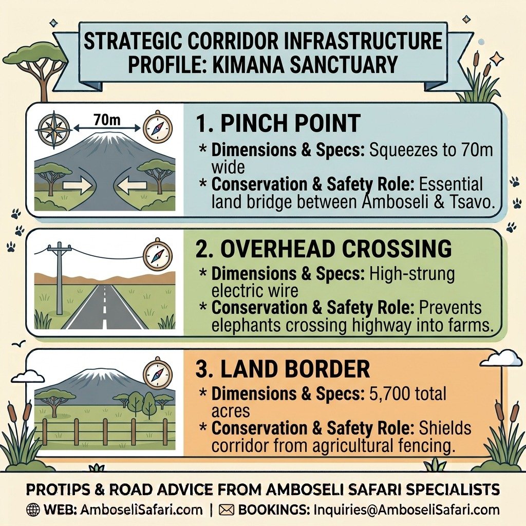 Infographic detailing Kimana Sanctuary corridor infrastructure, including the 70m pinch point, overhead electric wire crossing, and total land acreage.