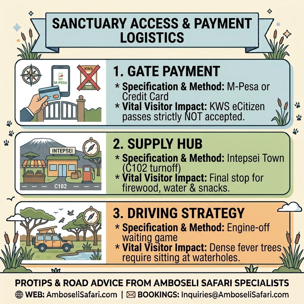 Infographic detailing Kimana Sanctuary access logistics: gate payments, Intepsei supply hub, and woodland driving strategy.