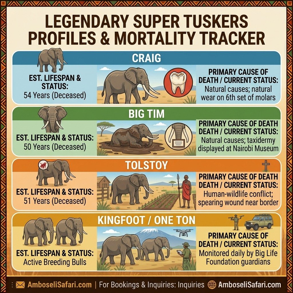 Infographic comparing the lifespans, natural death causes, and current status of Amboseli's legendary super tuskers.