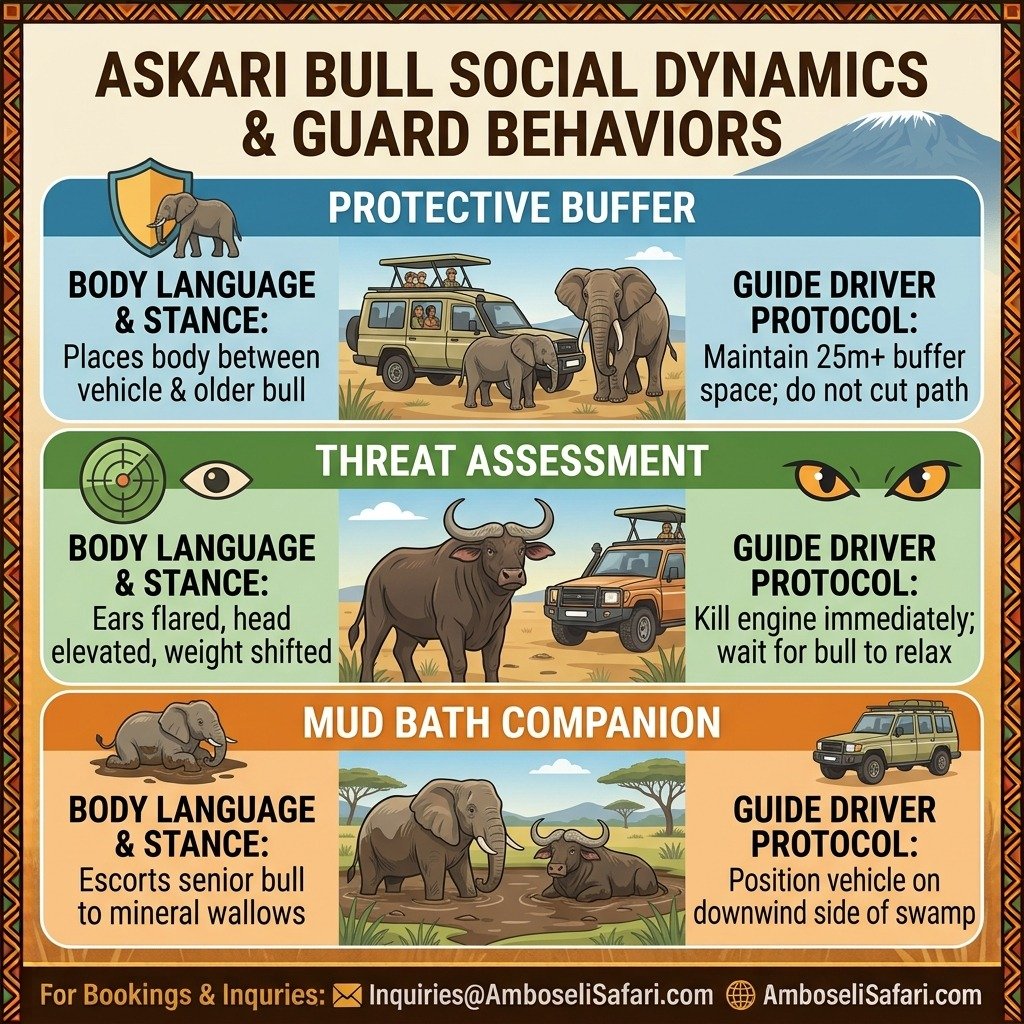 Square infographic detailing Askari bull companion roles, body language signals, and driver protocols around Super Tuskers.