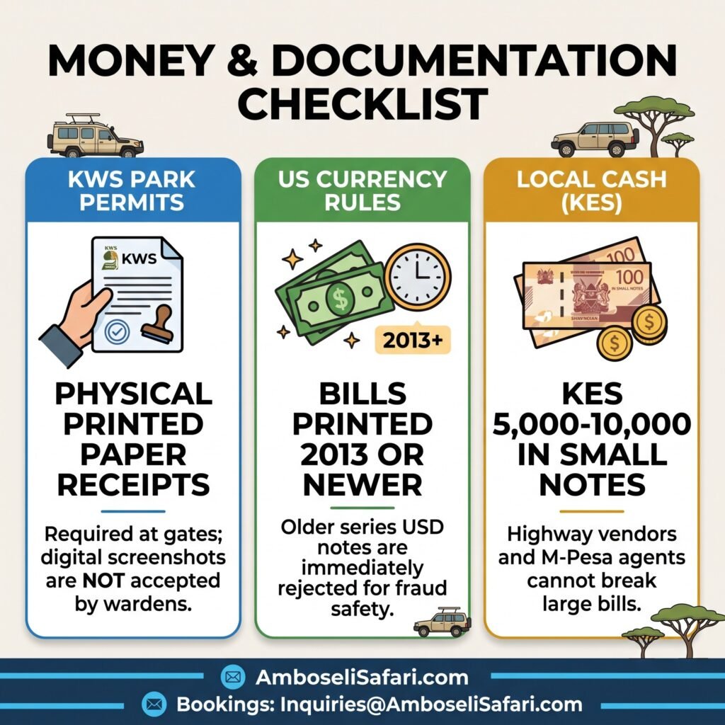 Square infographic detailing printed KWS permits, post-2013 US currency, and small KES notes for safari.