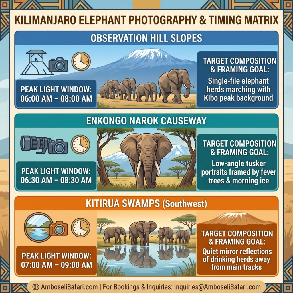 Square infographic displaying top photography spots, peak lighting windows, and composition goals for capturing elephants with Mount Kilimanjaro.