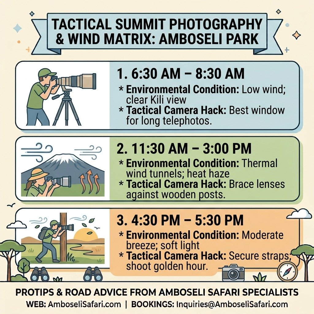 Infographic matrix showing optimal daily times, wind conditions, and tactical photography hacks for shooting on Observation Hill.