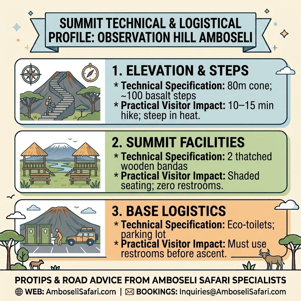 Infographic detailing Observation Hill's 80m elevation, 100 basalt steps, summit bandas, and base eco-toilet logistics.