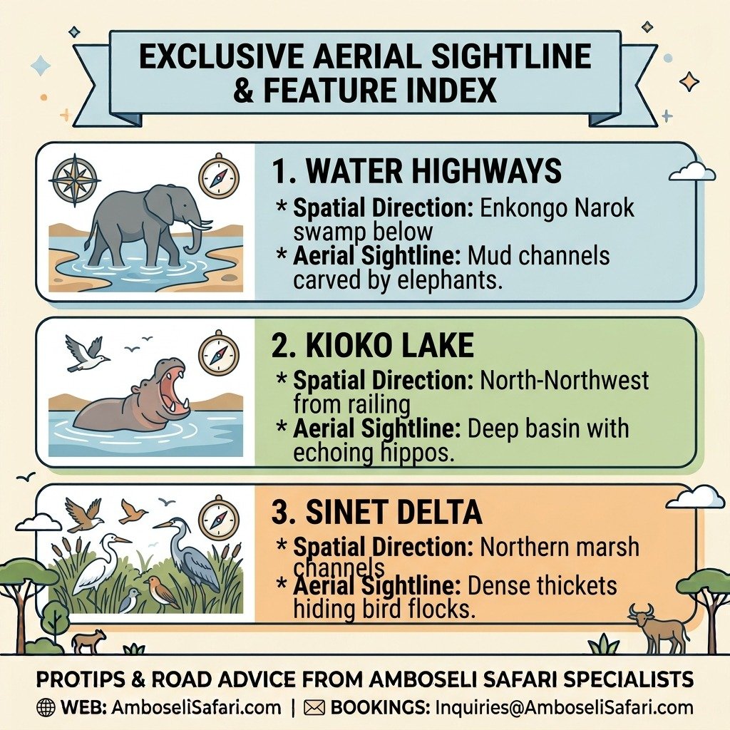 Infographic detailing key summit sightlines from Observation Hill, including elephant water highways, Kioko Lake, and Sinet Delta.
