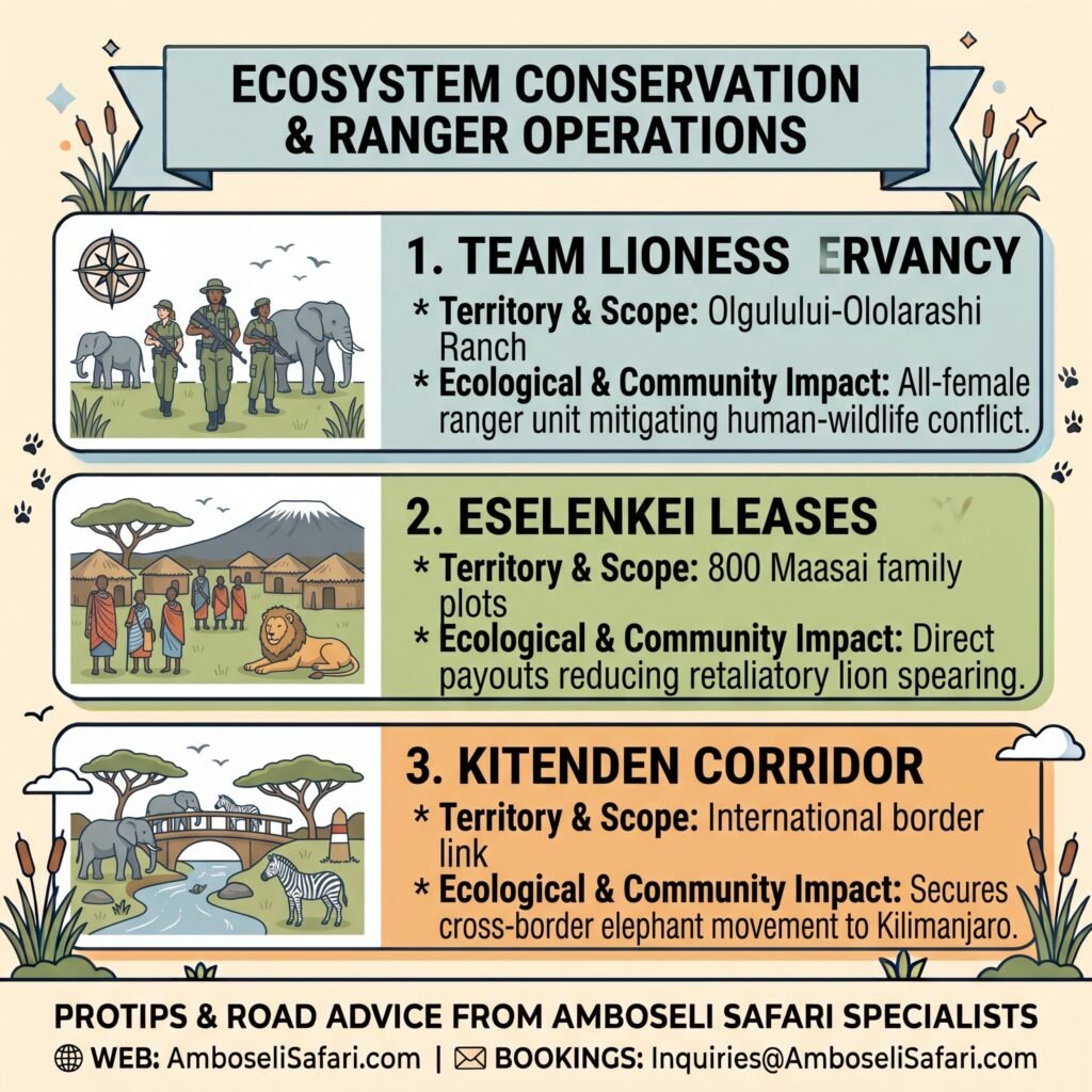 Infographic detailing conservation impacts of Team Lioness, Eselenkei land leases, and the Kitenden Wildlife Corridor.
