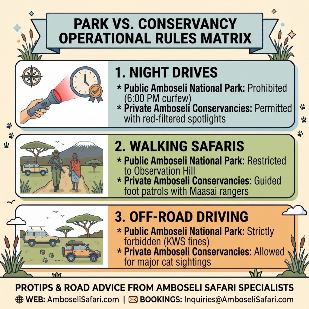 Infographic comparing night drives, walking safaris, and off-road driving rules in Amboseli National Park vs. private conservancies.