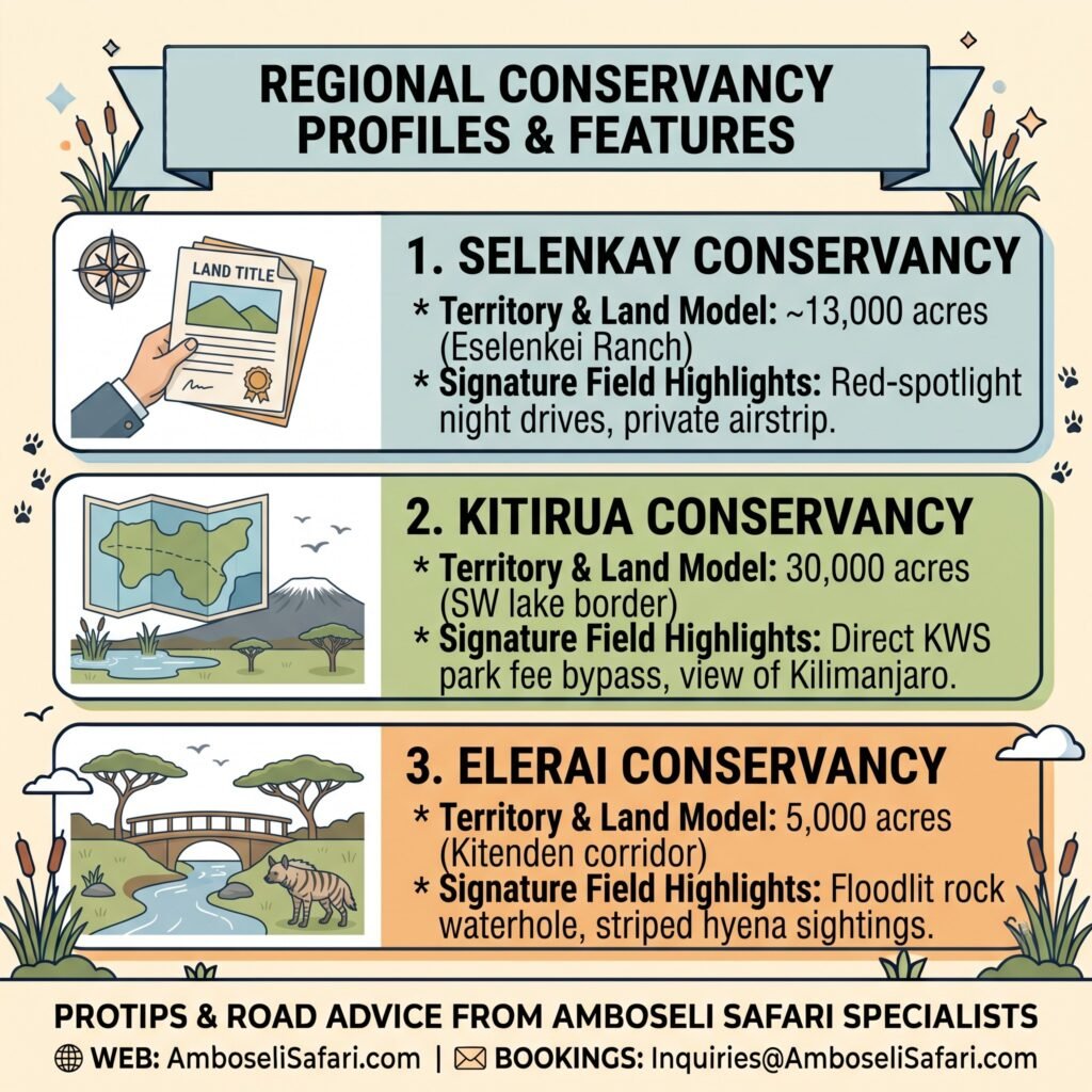 Infographic summarizing Selenkay, Kitirua, and Elerai conservancy land models, acreages, and signature field safari highlights.