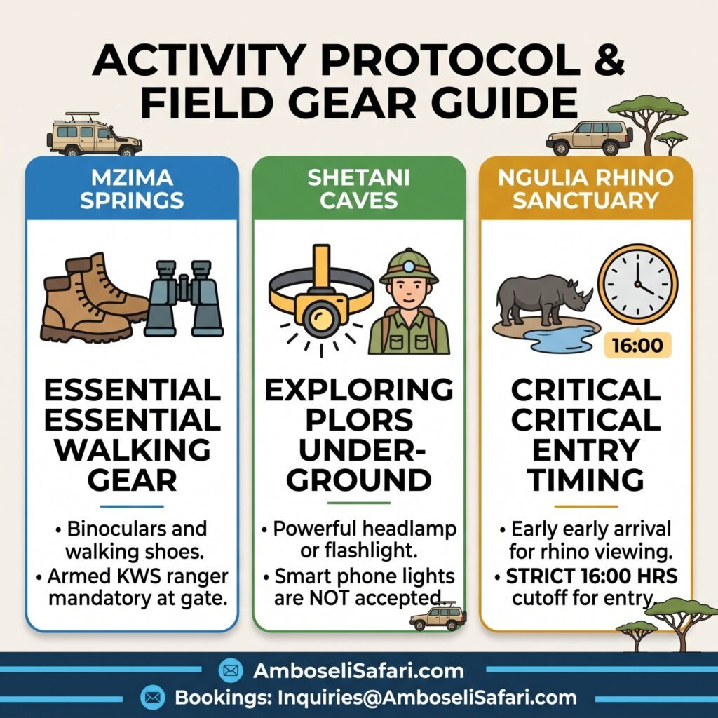 Square infographic guide for Mzima Springs walking gear, Shetani Caves headlamps, and Ngulia Rhino Sanctuary cutoff times.