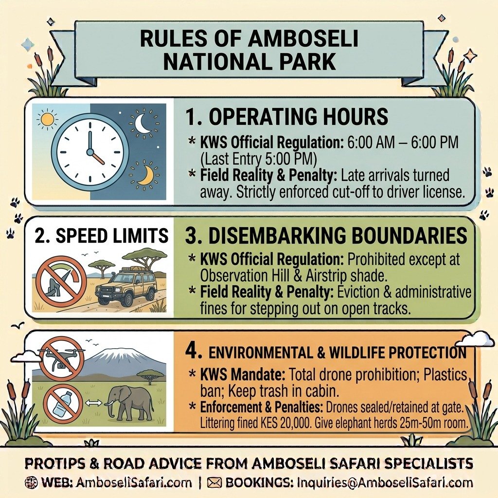 Infographic detailing Amboseli National Park rules: operating hours, speed limits, disembarking limits, drone bans, and plastics penalties.