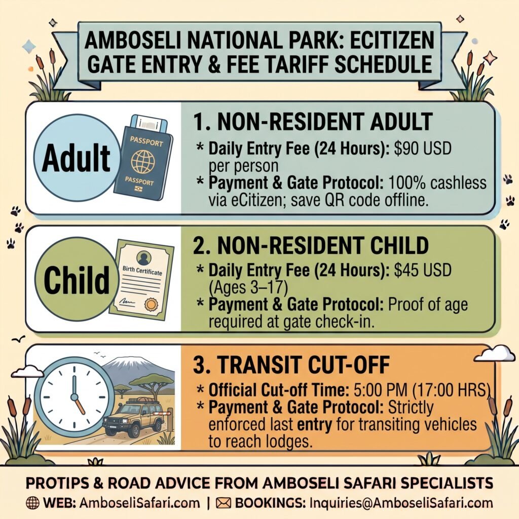 Infographic detailing Amboseli eCitizen entrance fees ($90 adult, $45 child) and 5:00 PM last entry transit rules.