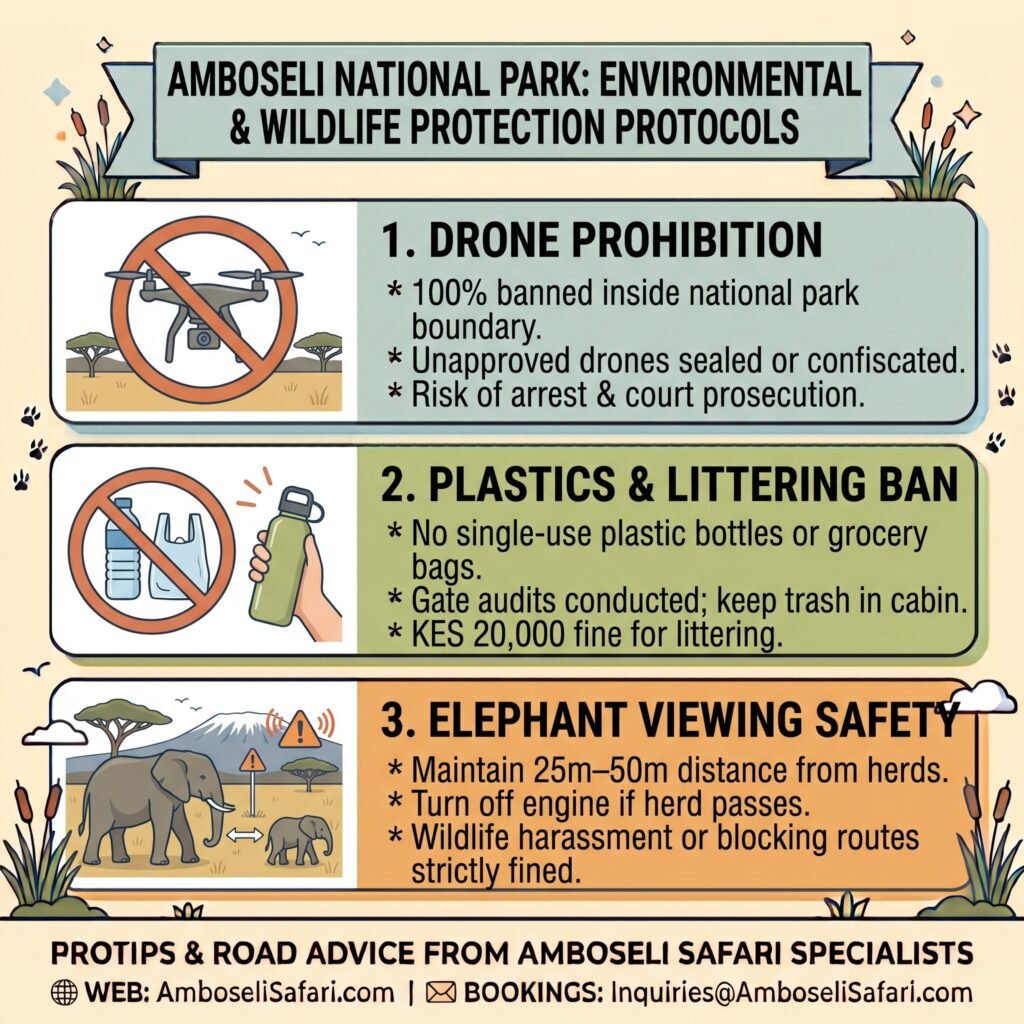 Infographic detailing Amboseli regulations on drone bans, single-use plastics prohibitions, and safe elephant viewing distances.