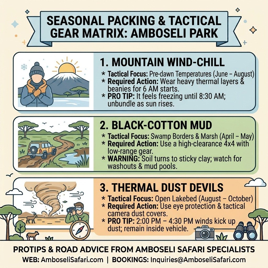 Infographic matrix detailing essential gear and tactical advice for Amboseli's wind-chill, mud, and dust.