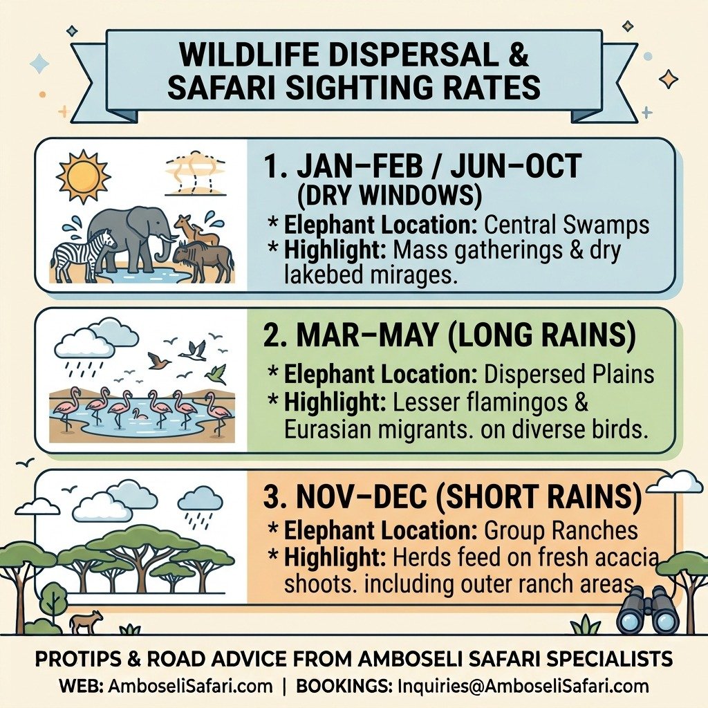 Infographic mapping seasonal elephant locations and highlights, including dry season swamp gatherings and wet season dispersal.