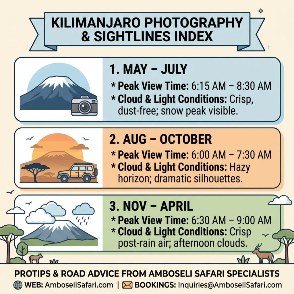 Infographic showing peak Mount Kilimanjaro photography view times and seasonal light conditions in Amboseli National Park.