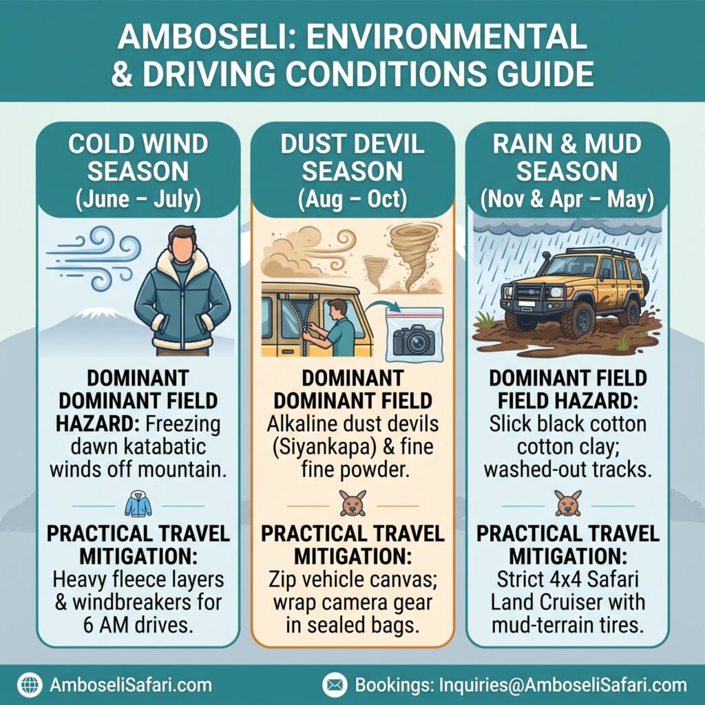 Infographic outlining Amboseli seasonal driving hazards and practical safety travel tips.