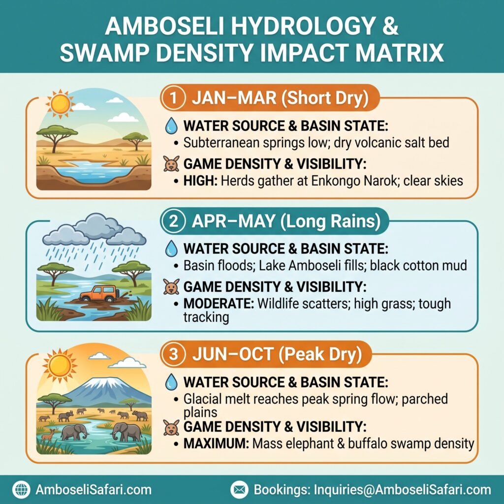 Infographic detailing Amboseli hydrology, water source states, and game density across seasonal windows.