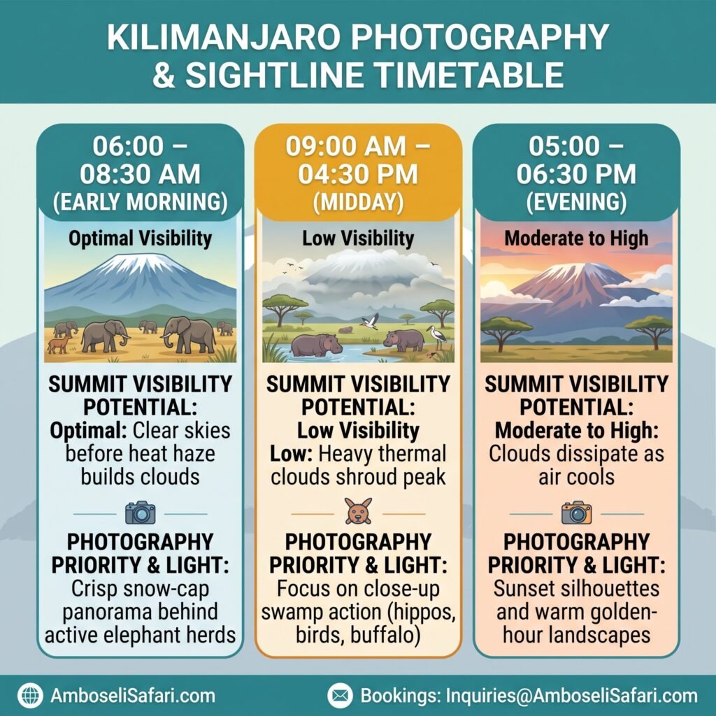 Infographic detailing hourly Mount Kilimanjaro summit visibility and optimal safari photography times in Amboseli.