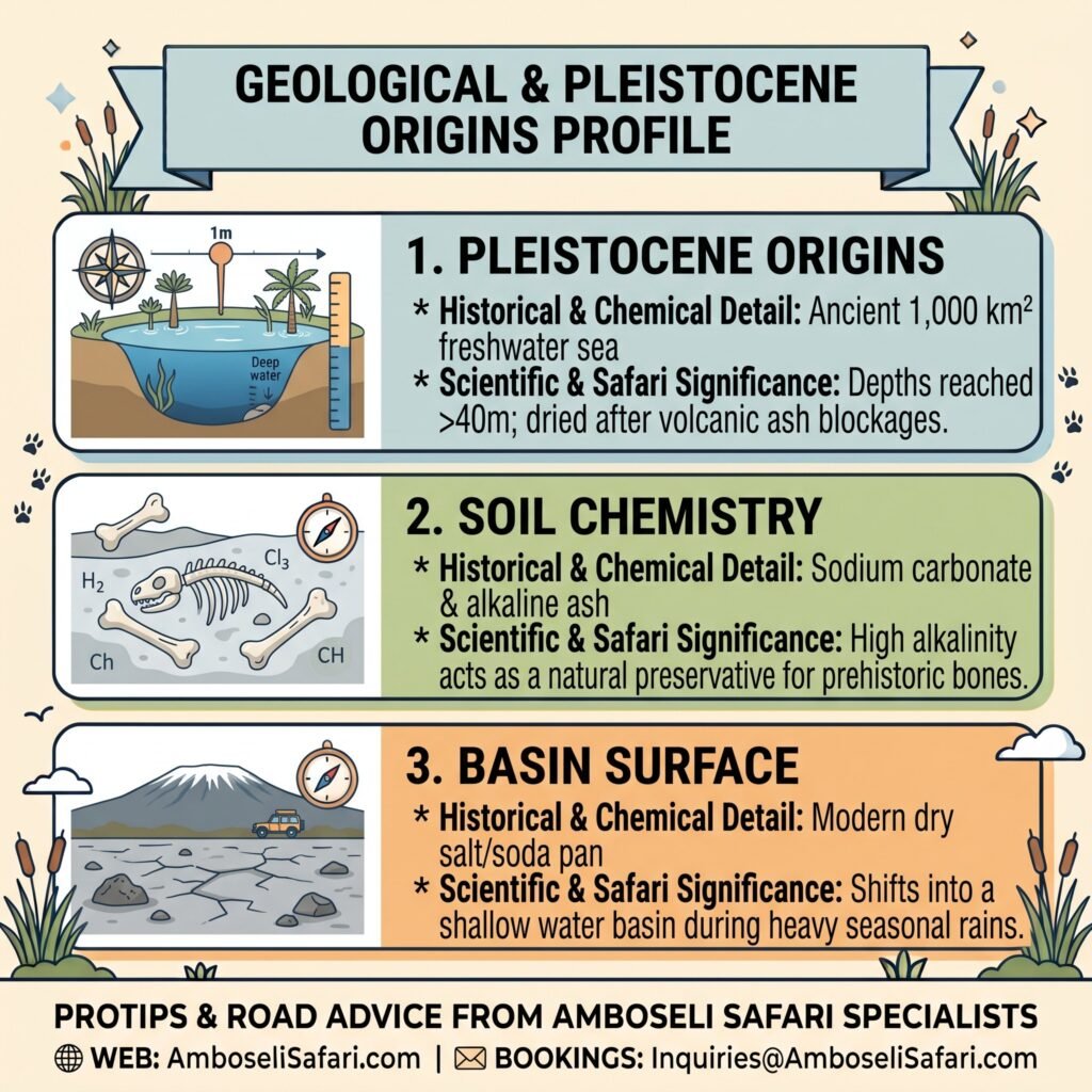 Infographic detailing Lake Amboseli's Pleistocene origins, alkaline soil chemistry, and modern salt pan basin surface.