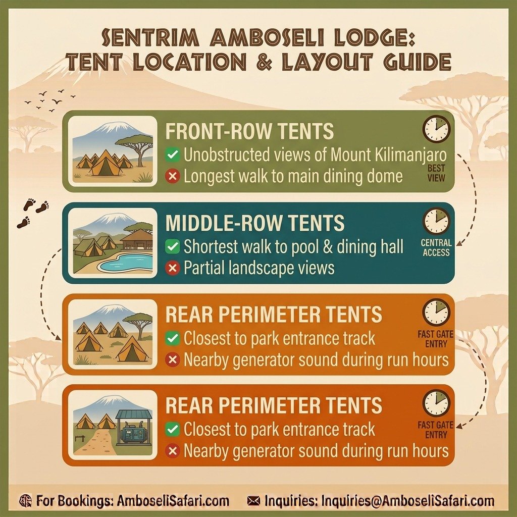 Infographic comparing front, middle, and rear tent locations at Sentrim Amboseli Lodge based on views and noise.