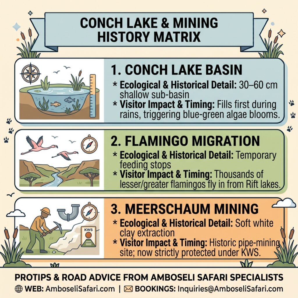 Infographic detailing Conch Lake sub-basin specs, seasonal flamingo migrations, and historical meerschaum mining protections.