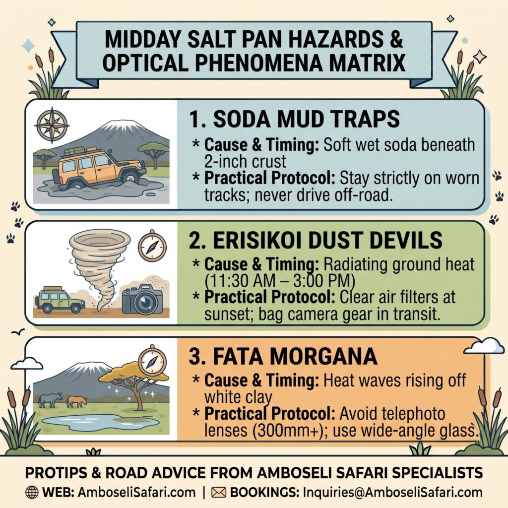 Infographic detailing Lake Amboseli midday hazards: soda mud traps, Erisikoi dust devils, and Fata Morgana mirage photography protocols.