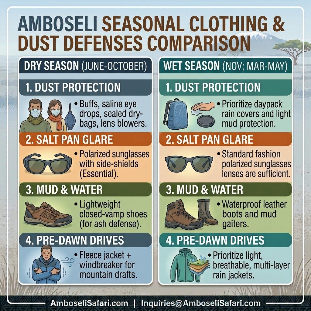 Infographic comparing recommended clothing and dust defenses for Amboseli's dry and wet seasons side-by-side.