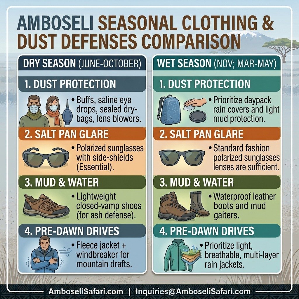 Infographic comparing dry and wet season gear requirements, dust defenses, footwear, and apparel for Amboseli safaris.