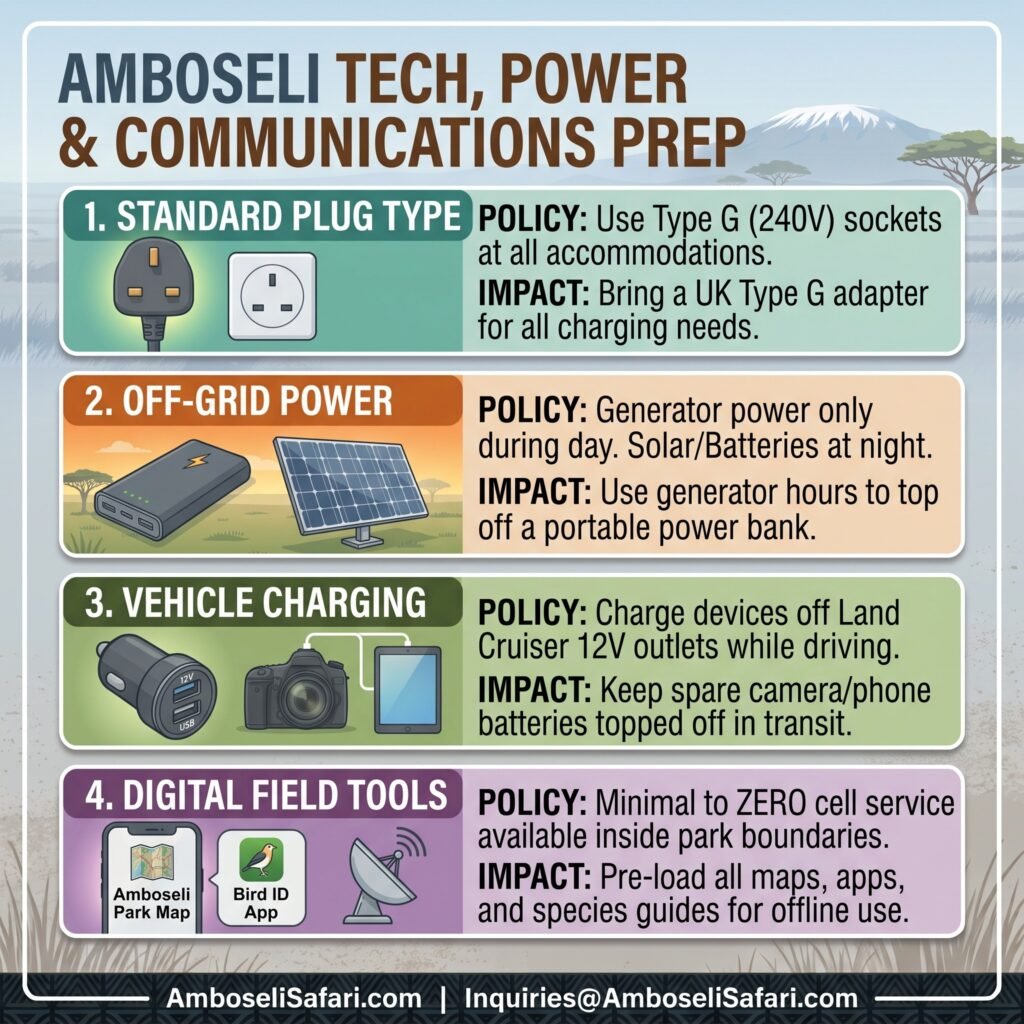Infographic checklist for Amboseli technology, power, and communications prep, including Type G plugs, power banks, vehicle charging, and offline maps.