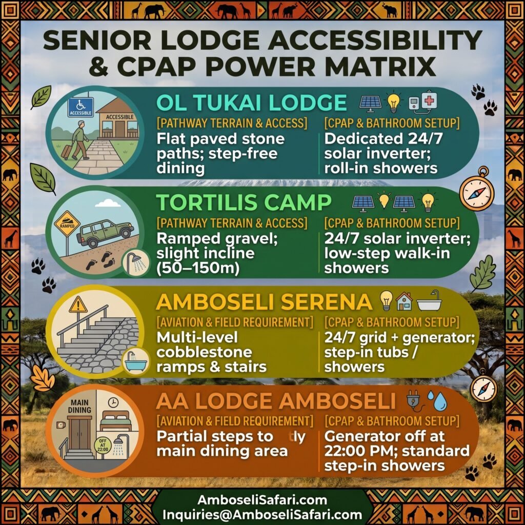 Infographic matrix comparing lodge accessibility, pathway terrain, bathroom setups, and 24/7 CPAP power options in Amboseli.