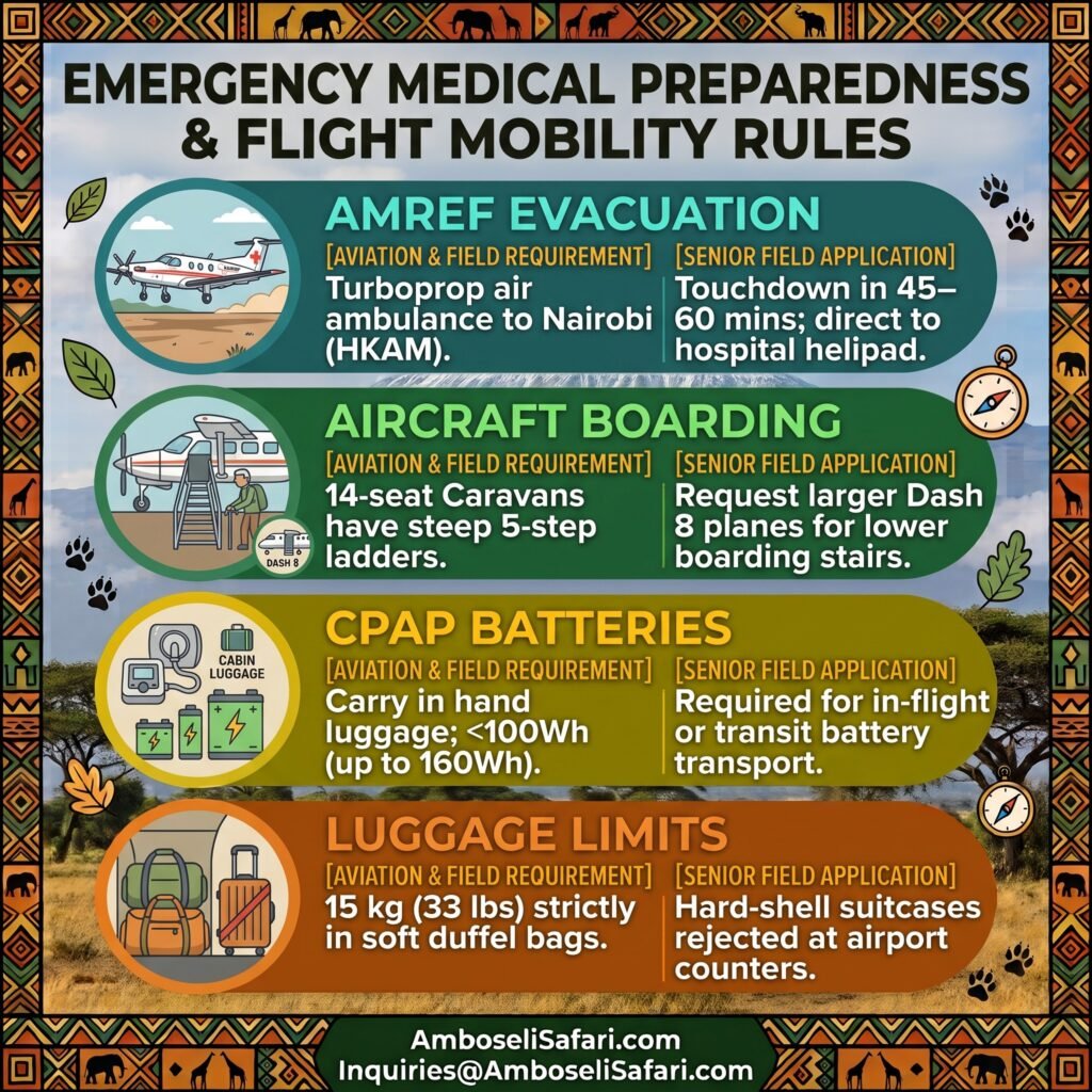 Infographic detailing emergency medical evacuations, domestic flight boarding stairs, CPAP battery rules, and duffel bag limits for seniors.