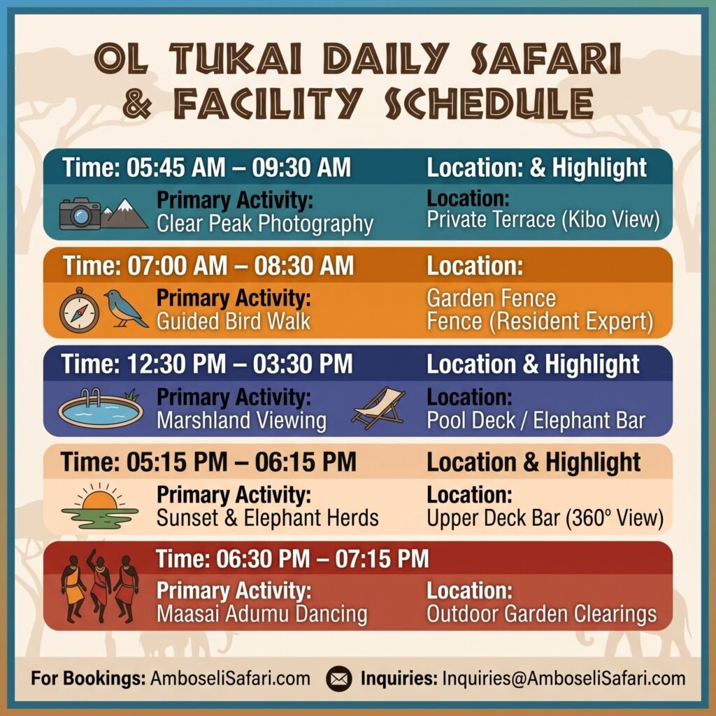 Infographic outlining the daily schedule, key activity times, and optimal viewing locations at Ol Tukai Lodge Amboseli.