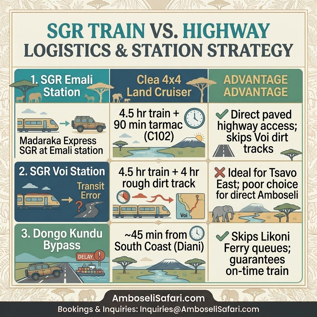 Infographic comparing SGR train station options, travel times, and advantages for Mombasa to Amboseli safaris.