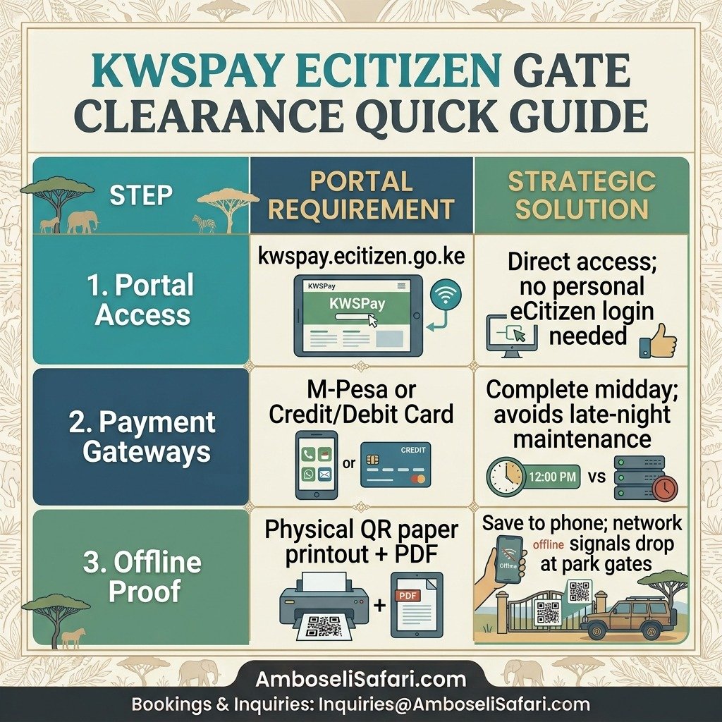 Step-by-step infographic showing how to pay and download KWSPay eCitizen park entry permits for Amboseli safaris.