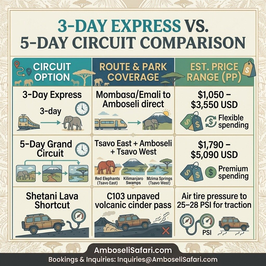 Infographic comparing 3-day express and 5-day grand safari circuits from Mombasa to Amboseli and Tsavo.