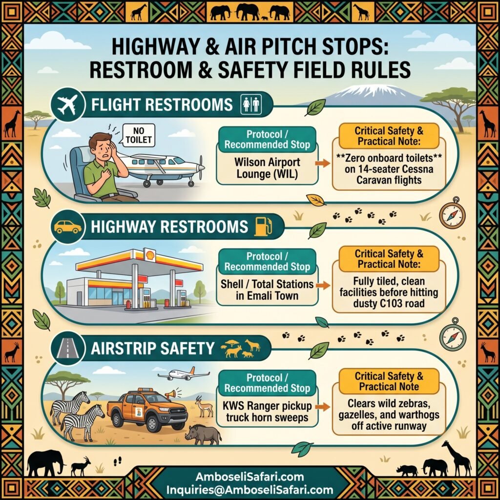 An infographic illustrating flight and highway restroom stops alongside airstrip safety rules for Amboseli safaris.
