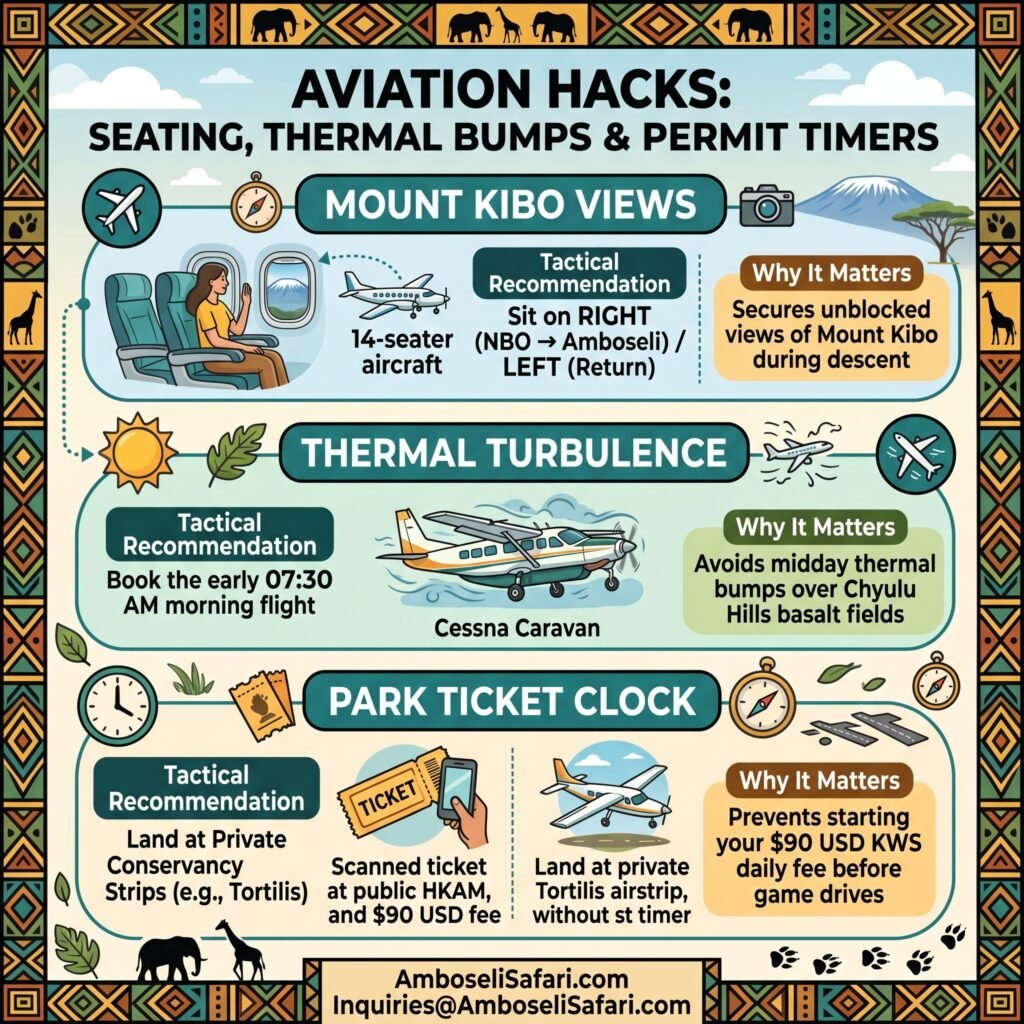 An infographic providing tactical tips for Amboseli safari flights, covering seating views, turbulence, and park fee timing.
